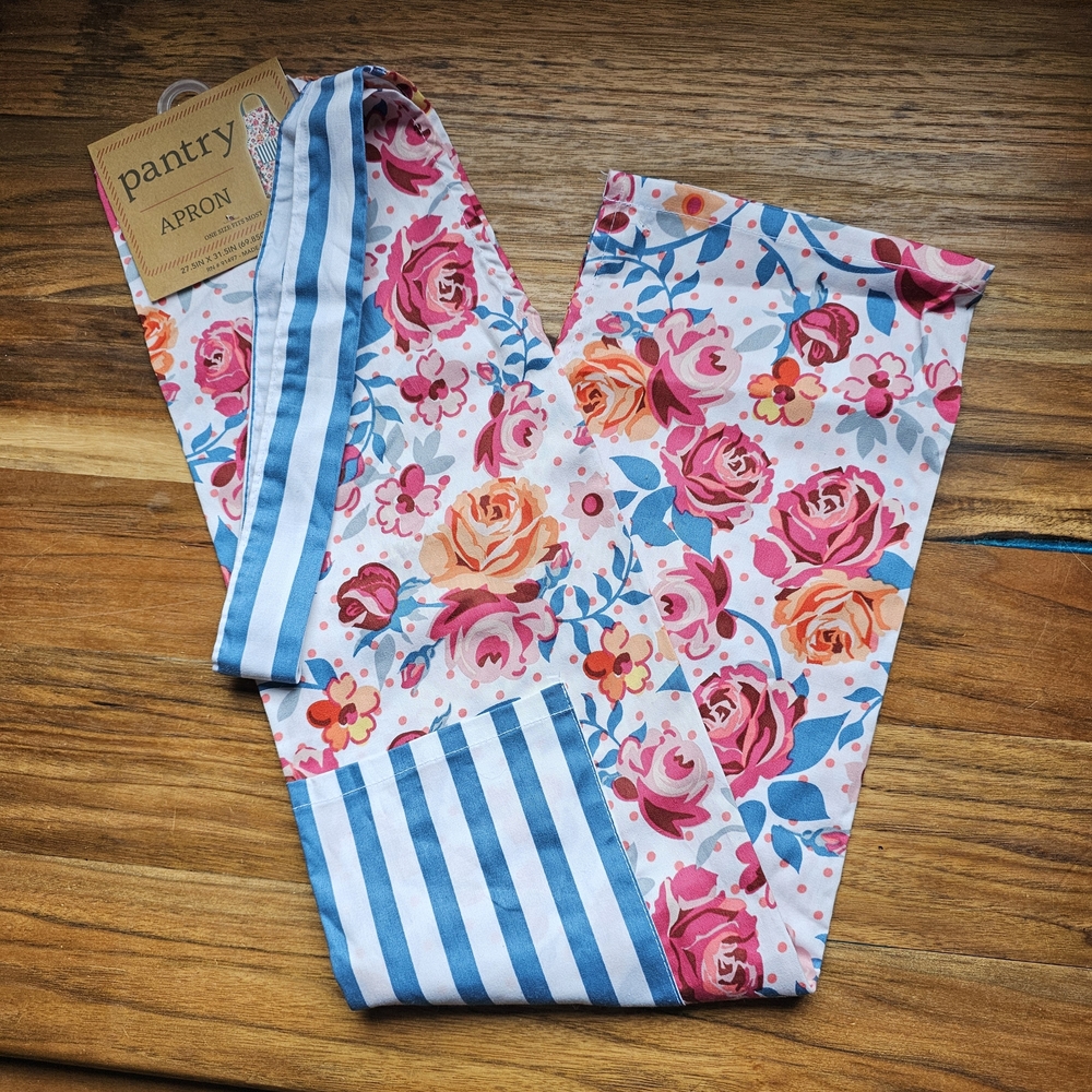 Pantry Apron Cotten Floral With Striped Pocket